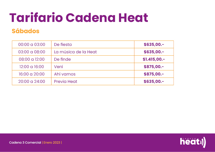 Programación y tarifas de Cadena Heat
